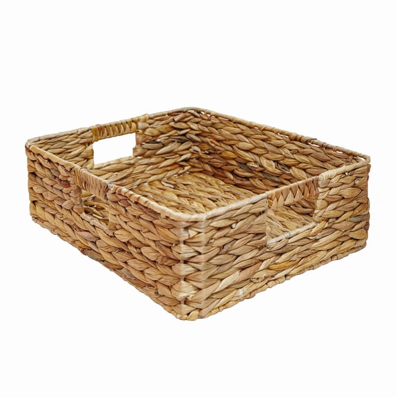 Rectangular Water Hyacinth Storage Baskets Wicker For Shelves Square Shallow Basket Woven Drawer With Handle 15.2" L X 12" W 4.7" H