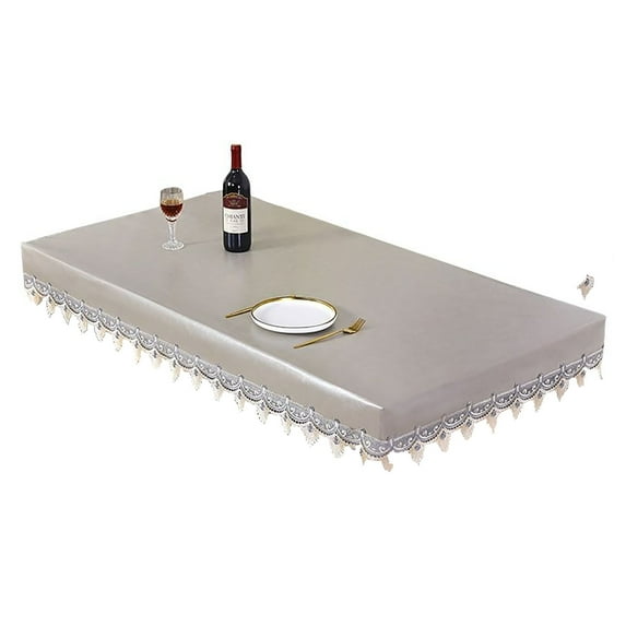 Rectangular Waterproof Tablecloth,Fitted Solid Color Leather Tablecloth With Lace,Oilproof Stain Resistant Table Cover For Coffee Table Dining Table Mahjong Desk -Rectangular Grey-140*80cm