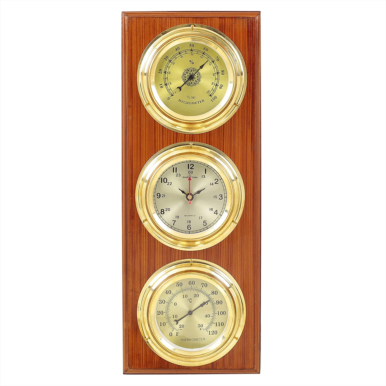 Rectangular Weather Station On Wooden Antique Finish Base Round Solid