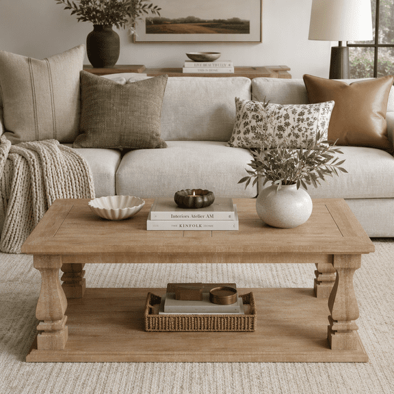 Rectangular Weathered Natural Farmhouse Coffee Table, Solid Wood Plank Top Coffee Table with Thick Baluster Legs, Distressed Light Wood Rustic Coffee Table with Lower Storage Shelf for Living Room