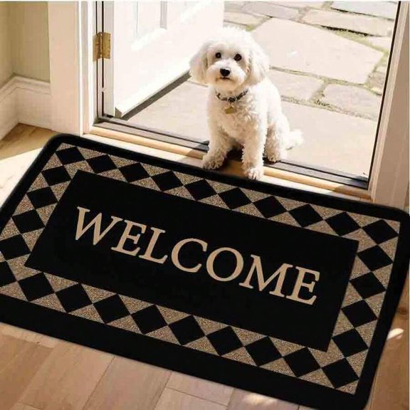 Rectangular Welcome Doormat Multicolor Checkered Border Soft Floor Mat For Entryway