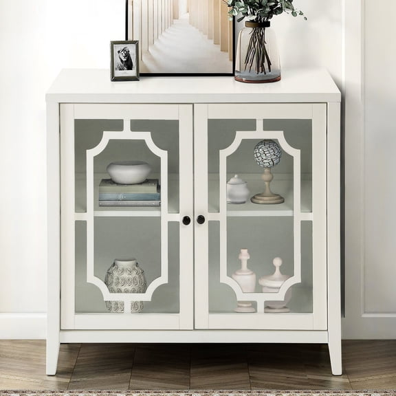 Rectangular White Console Table | 2 Glass Doors Offer Space in Home | Tapered Wooden Legs | Protects Collectibles from Dust