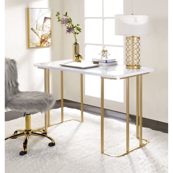 Rectangular White & Gold Desk, Open Base With Metal Square Tube, Composite Wood, 24" Depth X 48" Width 31" Height Desk In Gold, Tube Base, Synthetic Wood Surface, D W H