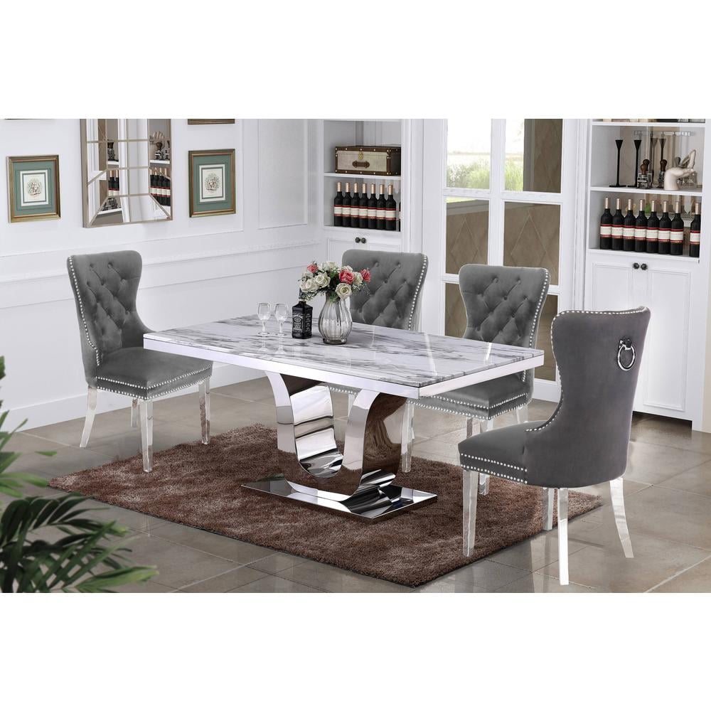 White Genuine Marble Dining Set with Dark Grey Velvet Wingback Chairs
