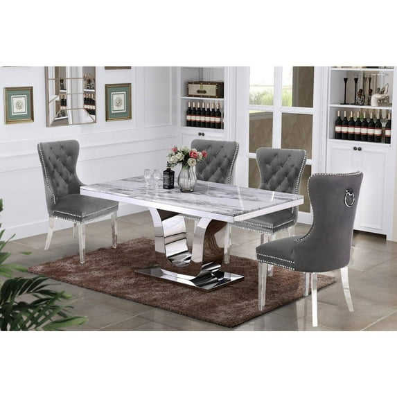Rectangular White Marble 5 Piece Dining Set with Silver Stainless Steel Base
