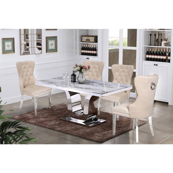 Rectangular White Marble 5 Piece Dining Set with Silver Stainless Steel Base