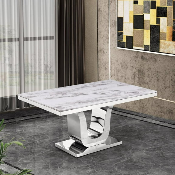 Rectangular White Marble Dining Table with Silver Stainless Steel