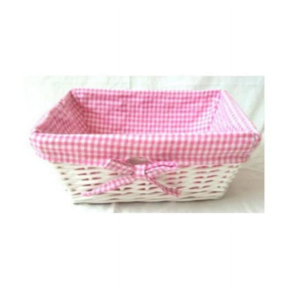 Rectangular White Willow Basket With Pink & White Checkered Fabric Liner