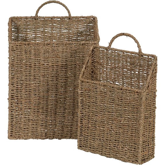 Rectangular Wicker Hanging Baskets, Set of 2, Small and Large, Handwoven Seagrass, Durable Metal Wire Frame, Multipurpose and Contemporary, Perfect for Organizing Newspapers, Mail and More, Natural