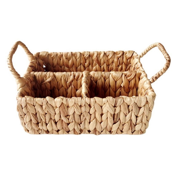 Rectangular Wicker Utensil Caddy 10 x 8 x 4 Inch with 3 Compartments, Hand Woven Divided Cutlery Holder with Handle, Water Hyacinth Silverware Organizer for Countertop Kitchen, Kitchen Accessories