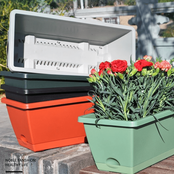 Rectangular Window Box Planter,16.73"x6.69" Plastic Flower Pot for Indoor Outdoor Plants, Lightweight Decorative Plant Pot, Elegant Grow Pot for Balcony Patio Home Decor Easy to Clean,Army Green