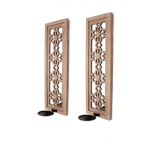 Rectangular Wood Candle Holder with Floral Lattice Design with set of 2 inBrown
