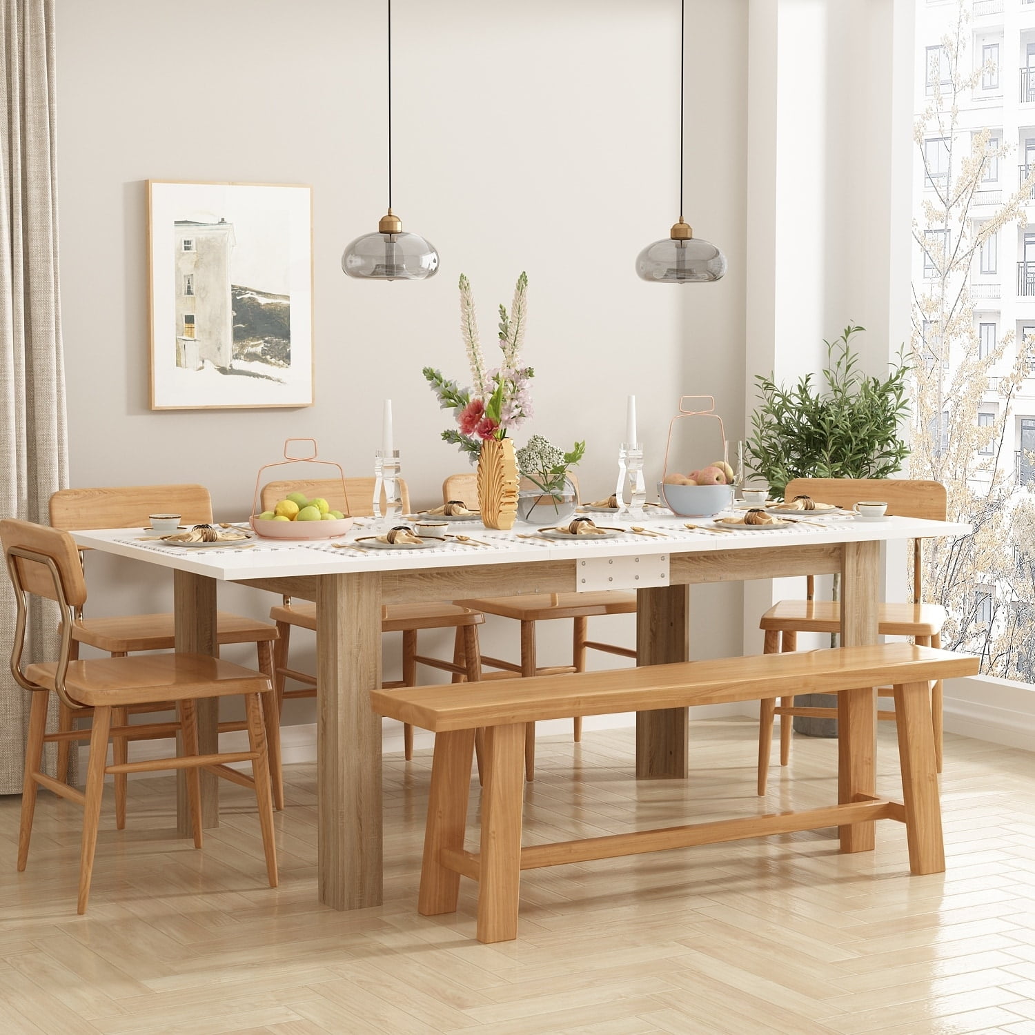 Oak and White Extendable Rectangular Dining Table with MDF Board