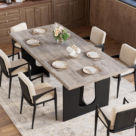 Rectangular Wood Dining Table, Dark Walnut Solid Wood-Look Dinner Table with Hollow Cutout Pedestal Legs, Modern Large Kitchen Dining Table for 6-8 Persons for Dining Room