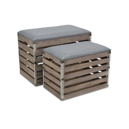 Rectangular Wood Slat Storage Bench with Metal Accent & Cushioned Lid - Set of 2