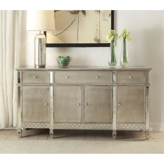Rectangular Wood and Mirror Server with 3 drawers and 4 Compartments, Gold