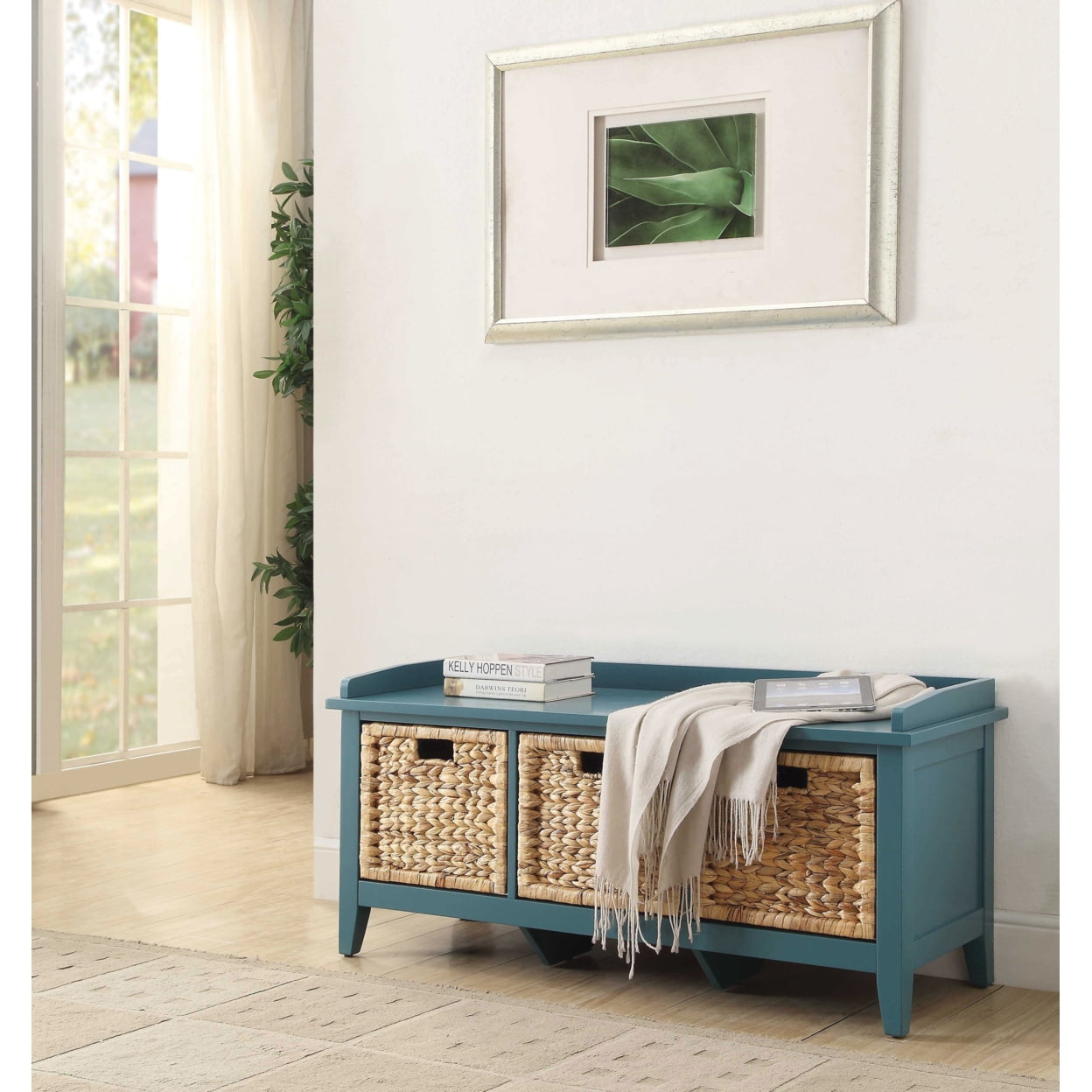 Teal Wood Storage Bench with Rattan Baskets