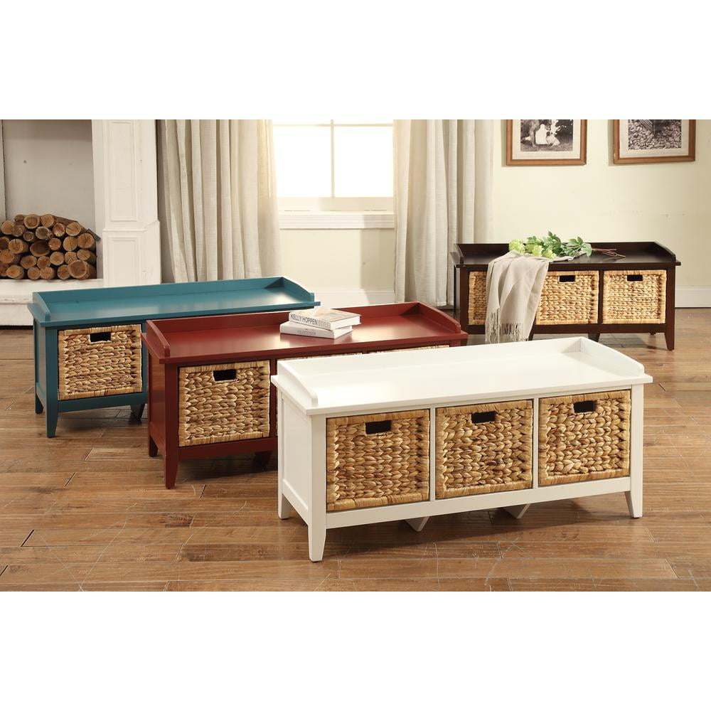 Teal Wood Storage Bench with Rattan Baskets