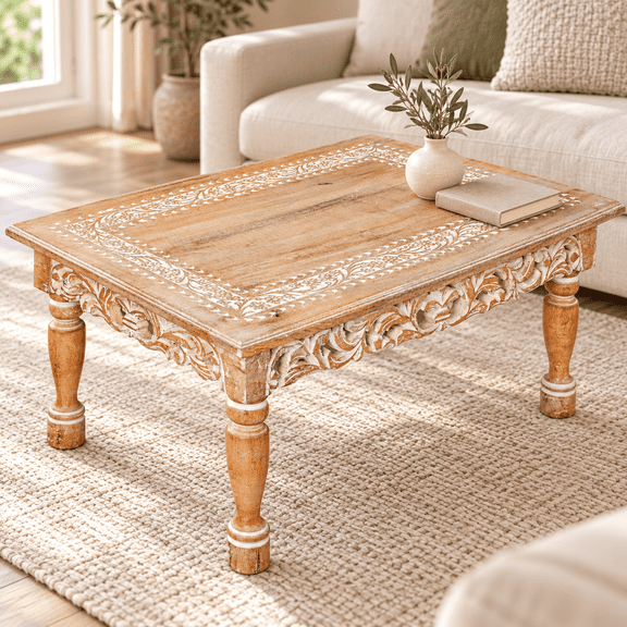 Rectangular Wooden Coffee Table 36x24x18 Inch – Beige Finish with Cutwork Jali Carving, Rustic Farmhouse Style, Mid-Century Modern Living Room Furniture