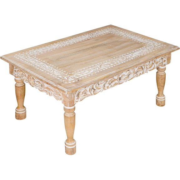 Rectangular Wooden Coffee Table 36x24x18 Inch Beige Finish with Cutwork Jali Carving, Rustic Farmhouse Style, Mid-Century Modern Living Room Furniture