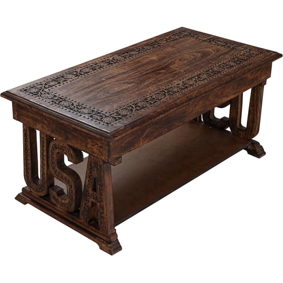 Rectangular Wooden Coffee Table 40×20×18 in, Burnt Farmhouse Foldable Side Table, Hand-Carved USA Design