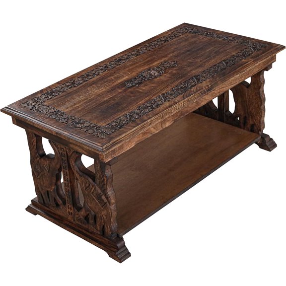 Rectangular Wooden Coffee Table 40x20x18 in, Rustic Farmhouse Foldable Side Table, Hand Carved Elephant Design, Burnt Finish