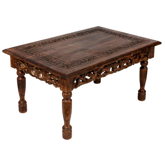 Rectangular Wooden Coffee Table Cutwork Jali Carving, Farmhouse Coffee Table, Rustic Center Table, Mid Century, Rustic and Modern Style Living Room Furniture - 36x24x18 Inch Burnt