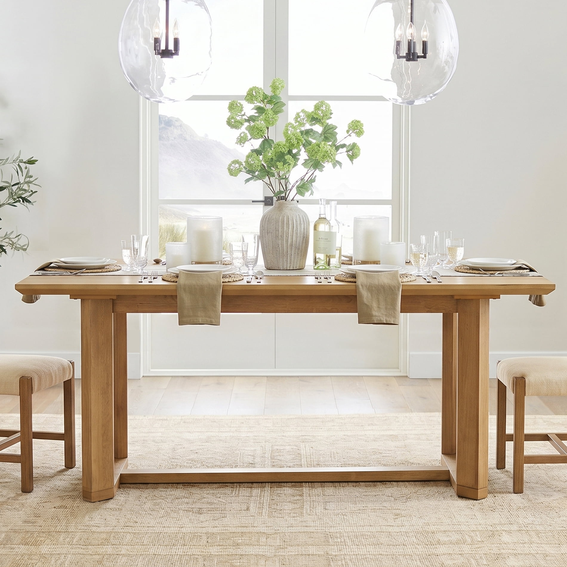 Rectangular Wooden Dining Table for 4-6, Rustic Kitchen Table with Solid Wood Trestle Base, Vintage Brown