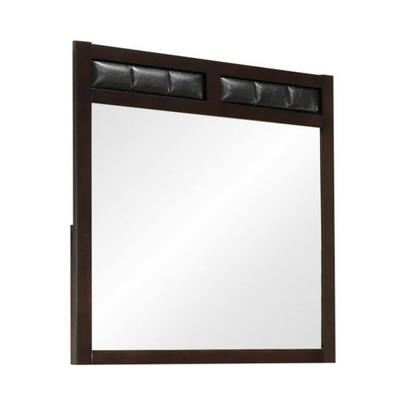 Rectangular Wooden Frame Mirror with Leatherette Panels, Brown