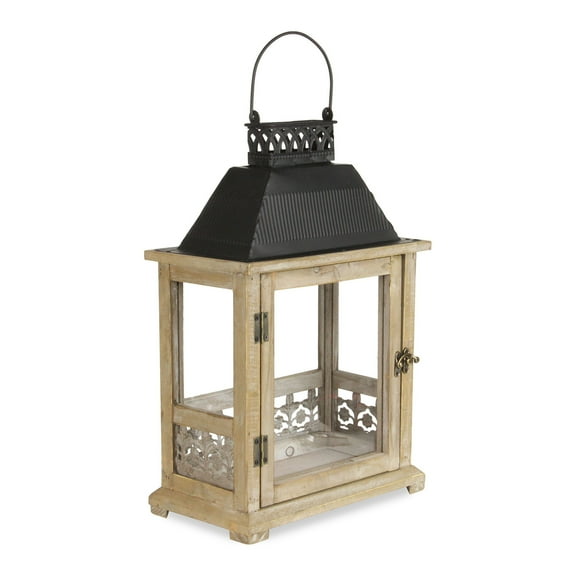 Rectangular Wooden Lantern with Black Metal Top and Galvanized Accent