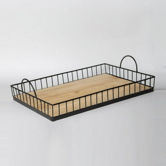 Rectangular Wooden Serving Tray with Wire Frame Metal Handles, Decorative for Food Coffee Table, Farmhouse Rustic Centerpiece Ottoman Complement Any Home Decoration