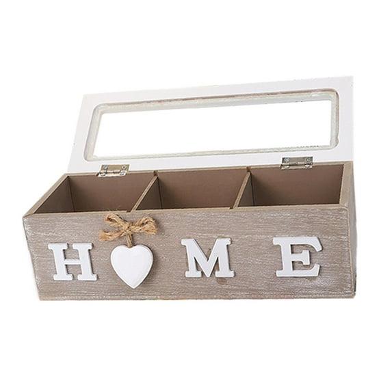 Rectangular Wooden Tea Box with Lid Desktop Container Jewelery Box for Sugar 3 Grid