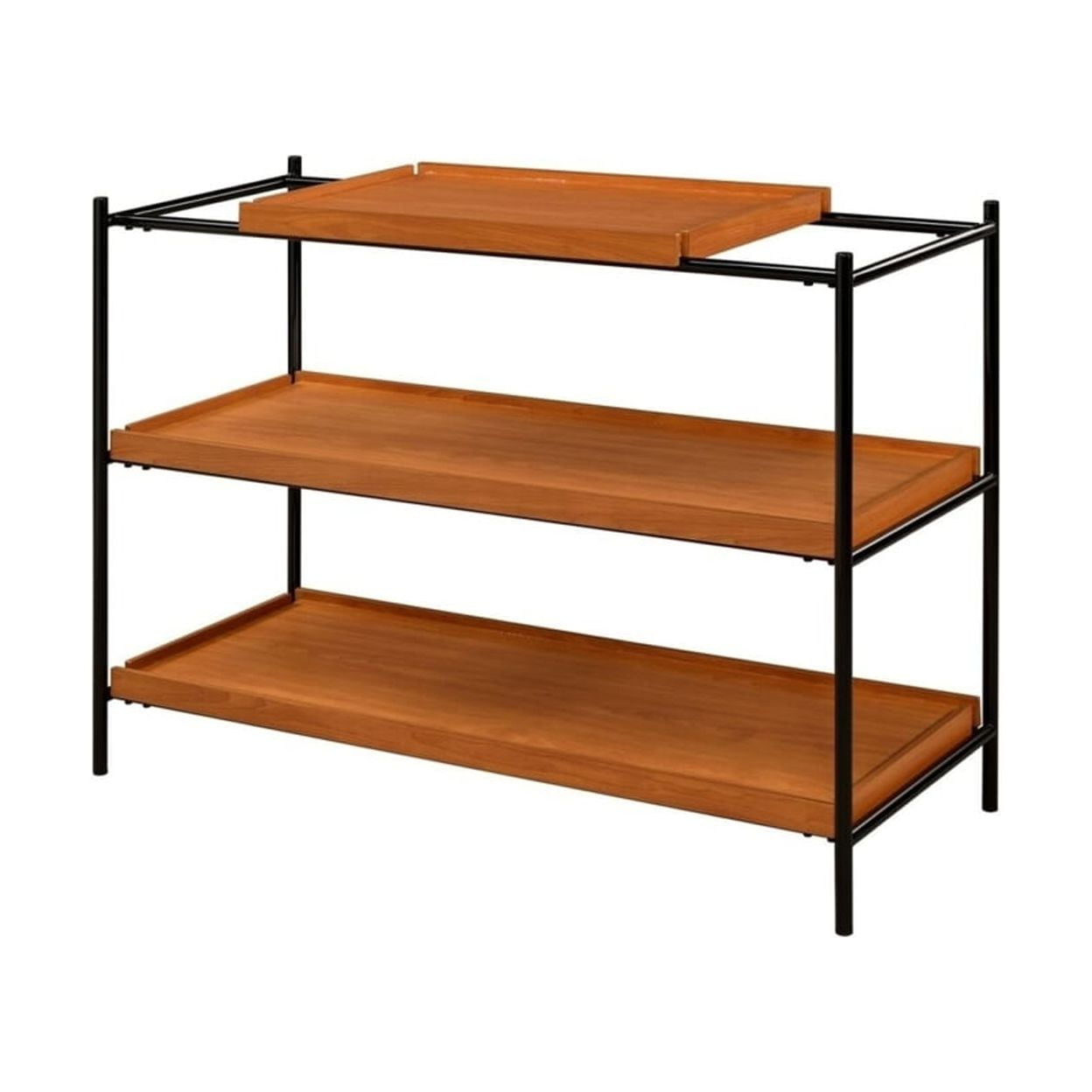 Transitional Oak Brown and Black Metal Frame Sofa Table with Storage