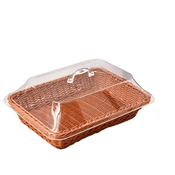 Rectangular Woven Bread Basket with Clear Lid for Kitchen Counter Storage, Woven Pastry Serving Tray