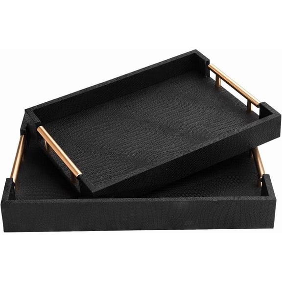 Rectangular Woven Leather Ottoman Tray with Gold Handles, White Serving Tray for Coffee Table and Living Room Decor