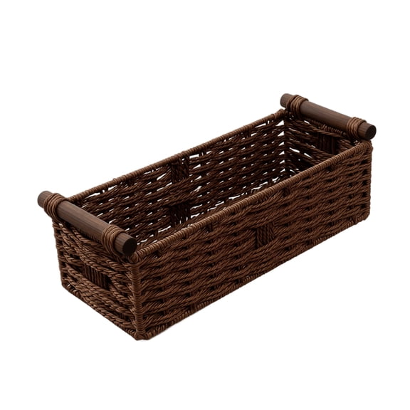 Rectangular Woven Storage Basket with Wooden Handles Handwoven Organizer Basket Decorative Rope Storage Bin for Countertop Desk Entryway Cabinet Organization Home Decor Coffee