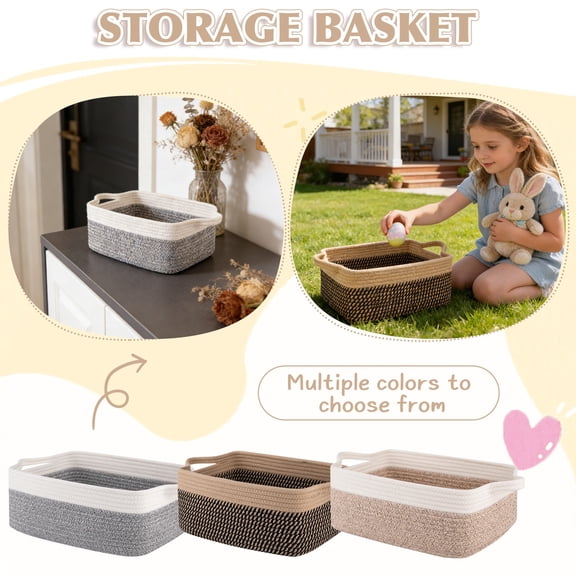 Rectangular Woven Storage Basket with Handles Cotton Rope Construction for Home Organization and Office Use
