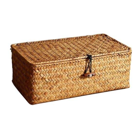 Rectangular Woven Storage Bin with Lid, Dorm Room Essentials Organizer Box for Back to School, Under Desk Storage Basket