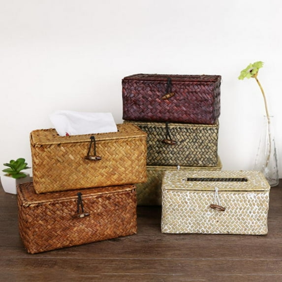 Rectangular Woven Tissue Box Cover,Decorative Seagrass Wicker Tissue Box Holder,Rustic Tissue Holder