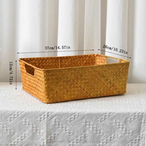 Rectangular Woven Water Hyacinth Storage Basket, Decorative Organizer Bin with Handles for Living Room & Kitchen