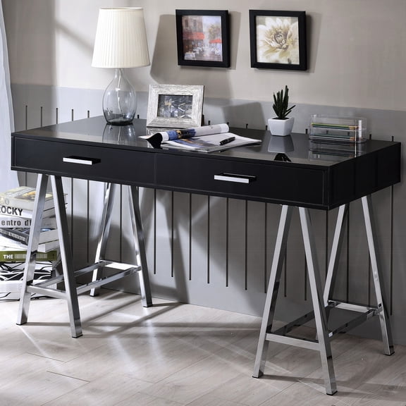 Rectangular Writing Desk | Two Drawers for Office Document Organization | Metal Sawhorse with Chrome | Keeps Workspace Clean