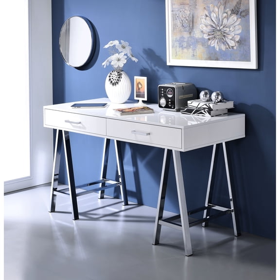 Rectangular Writing Desk | USB Charging for Work & Study, Ample Drawer Storage | Synthetic Wood with High Gloss Finish, Metal Base | Blends into Contemporary Spaces