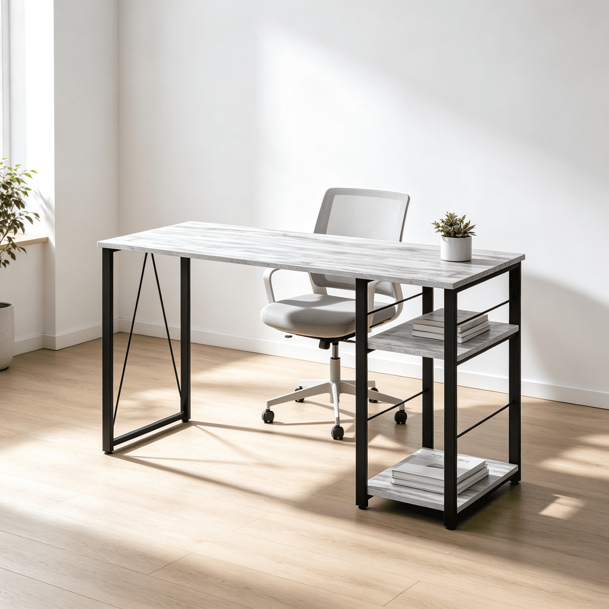 Rectangular Writing Desk with 2 Open Shelves, Spacious Work Surface, Metal Open Base, 47.5 in, Home Office and Study