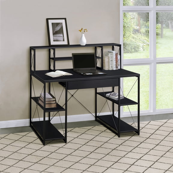 Rectangular black writing desk with sled base and hutch for ample storage and a warm feel in office or studio