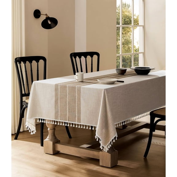 Rectangular dining table tablecloth waterproof and washable tassel rectangular cotton linen tablecloth wrinkle free dining table cover soft tablecloth 55X 55 inches, 4 seats
