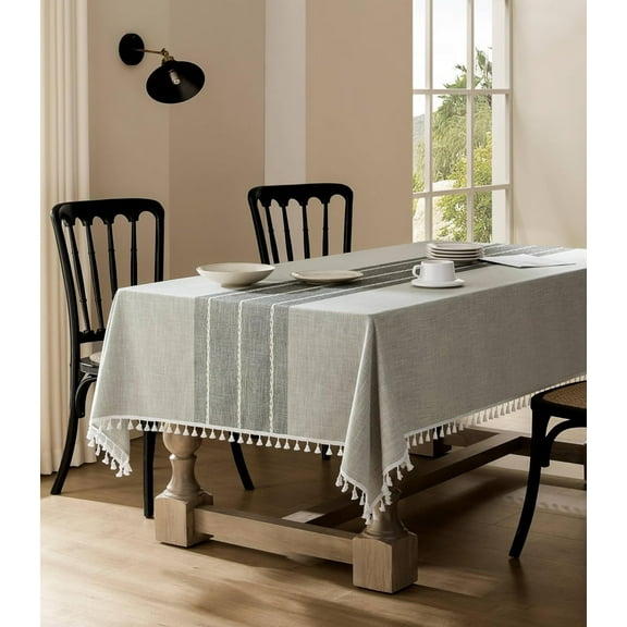 Rectangular dining table tablecloth waterproof and washable tassel rectangular cotton linen tablecloth wrinkle free dining table cover soft tablecloth 55X 55 inches, 4 seats