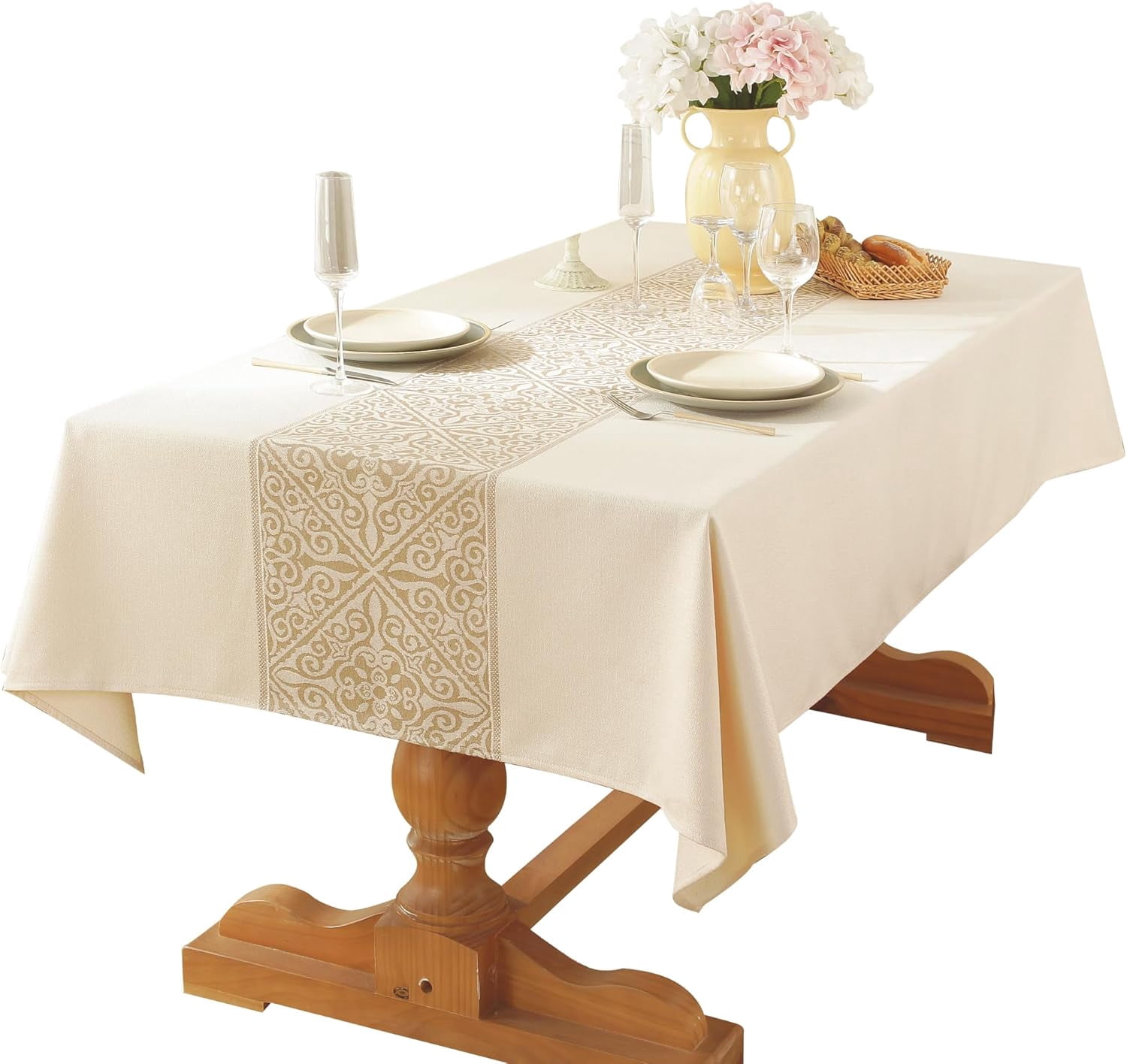 Rectangular dining table with linen tablecloth, used in restaurants and ...