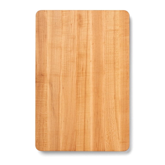 Rectangular maple cutting board, 18 inches x 12 inches, 1.25 inches thick, 8 pounds, double-sided, chamfered edges, and textured side panel.