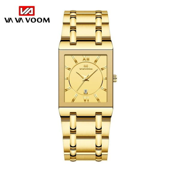 Rectangular men's stainless steel strap watch, gold - colored business quartz watch with date calendar and water resistance function