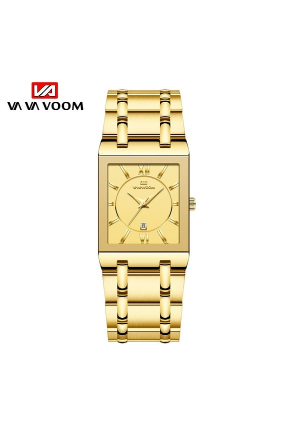 Rectangular men's stainless steel strap watch, gold - colored business quartz watch with date calendar and water resistance function